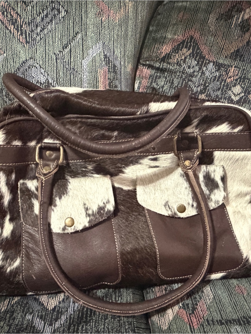 Brown and White Cowhide Leather Duffel Bag - Unbranded